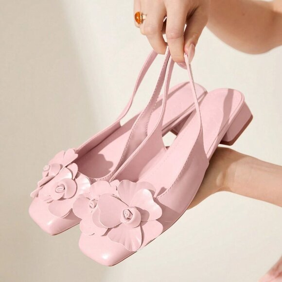 Pink Basics Women's 3d Floral Decor Strap Low Square Toe Heel - Picture 1 of 10